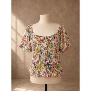 Anthropologie Smocked Floral Puff Sleeve Top Multicolor Size M Stretchy Summer B